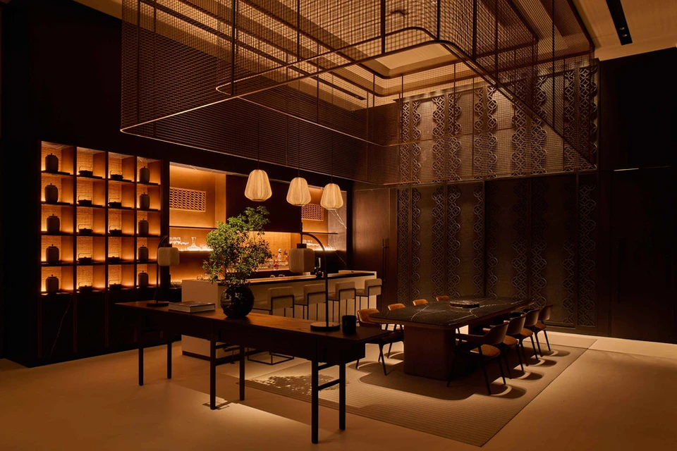 Aman Residences Singapore Show Gallery bar and dining area with bespoke furniture and elegant interior design